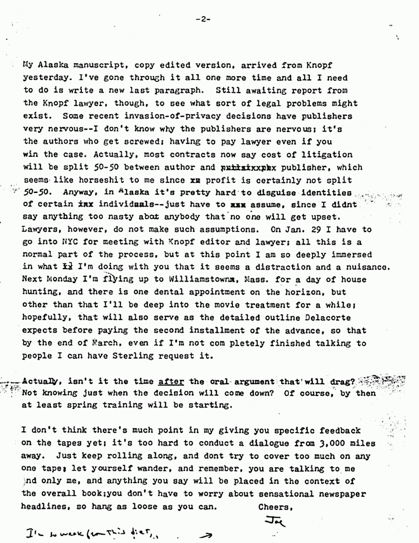 Jan. 16, 1980: Letter from Joe McGinniss to Jeffrey MacDonald re: first tapes for Fatal Vision, p. 2 of 2