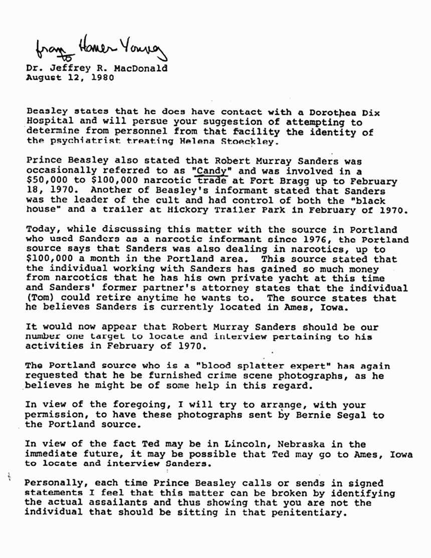 August 12, 1980: Memo from Homer Young to Jeffrey MacDonald re: Prince Beasley, Robert Murray Sanders, Helena Stoeckley and photographs