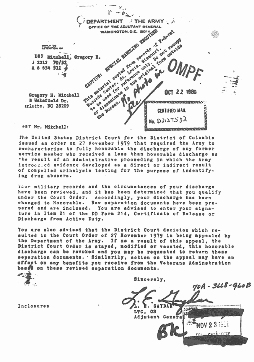 October 22, 1980: Letter from Dept. of the Army to Greg Mitchell