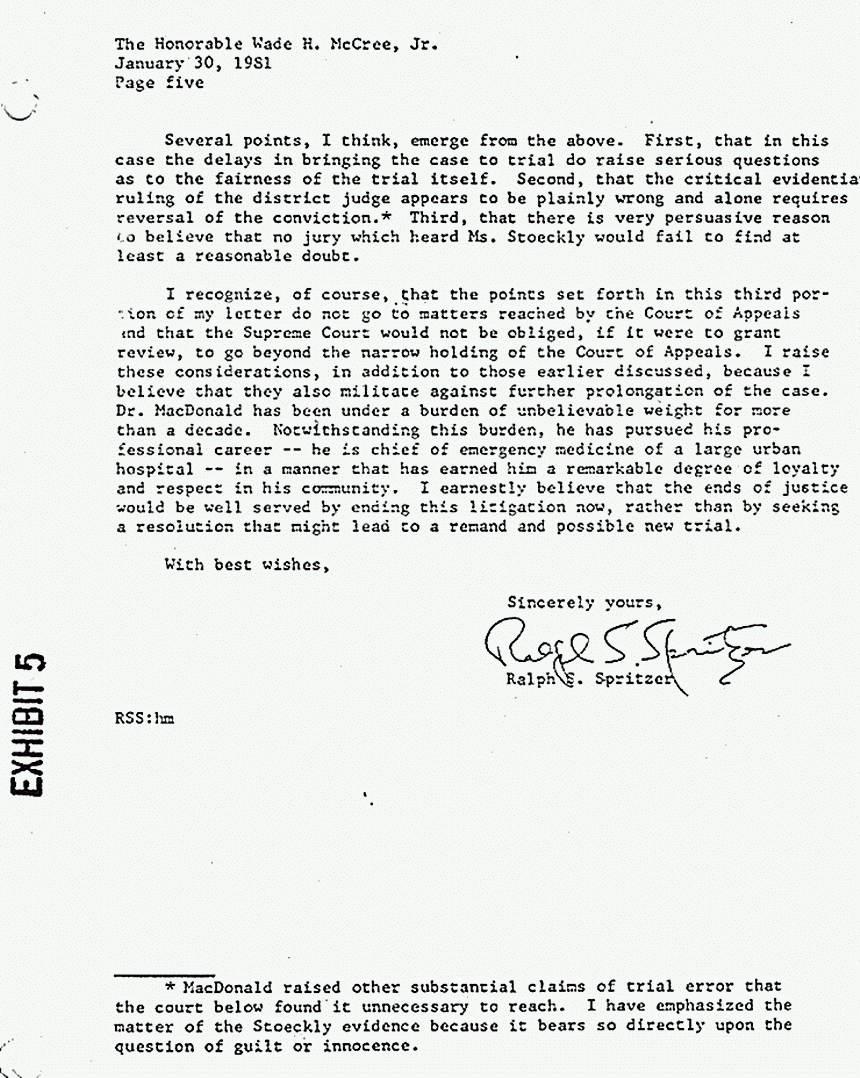 January 30, 1981: Letter from defense attorney Ralph Spritzer to Judge McCree, Solicitor General, Dept. of Justice, p. 5 of 5
