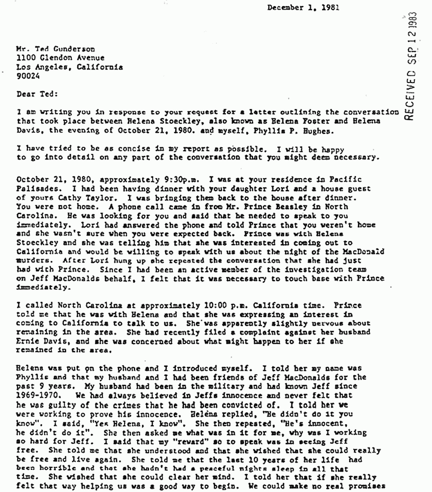 December 1, 1981: Letter from Phyllis Hughes to Ted Gunderson re: Helena Stoeckley, p. 1 of 3