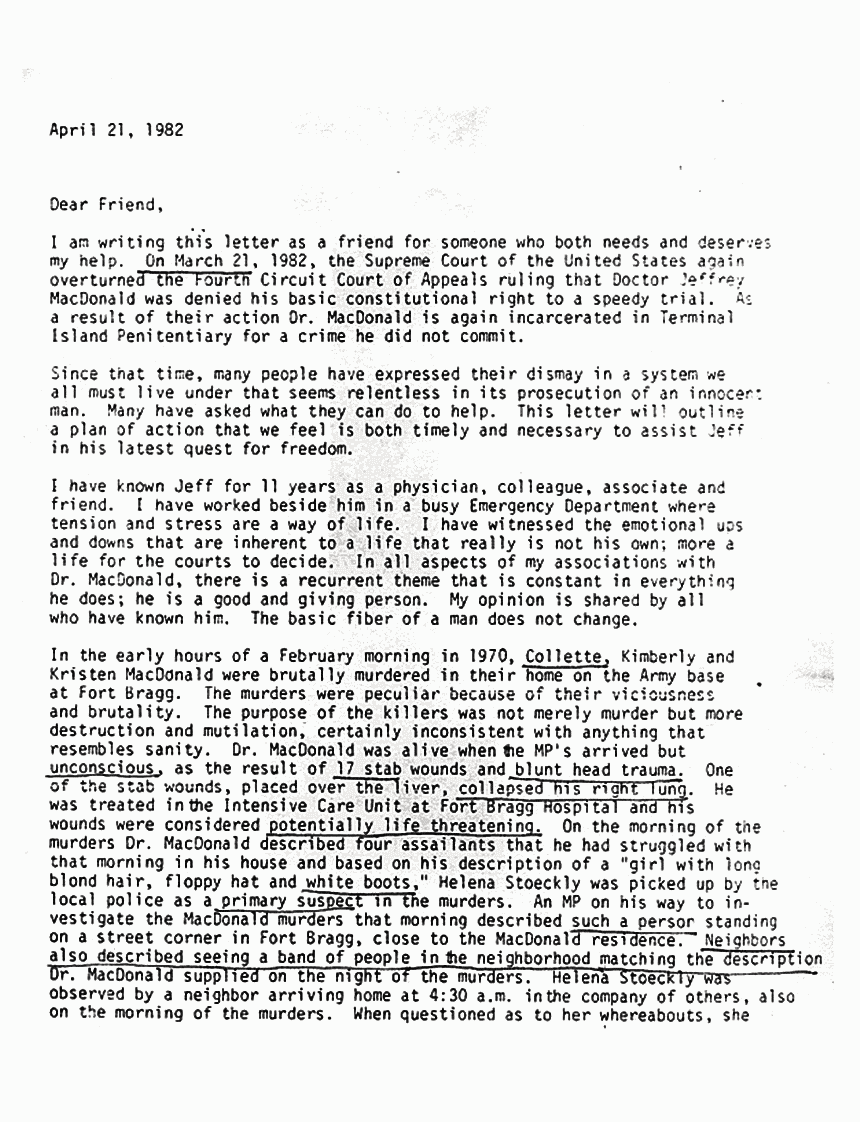 April 21, 1982: Open letter from Stephen Shea in support of Jeffrey MacDonald, p. 1 of 4