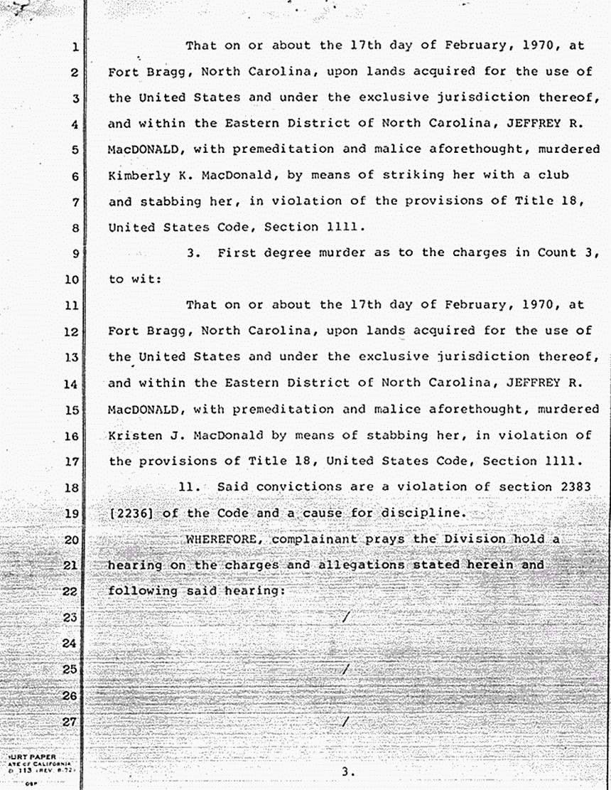 October 14, 1982: Supplemental Accusation by Robert Rowland re: Request for Hearing and Revocation of Jeffrey MacDonald's California medical license, p. 3 of 4