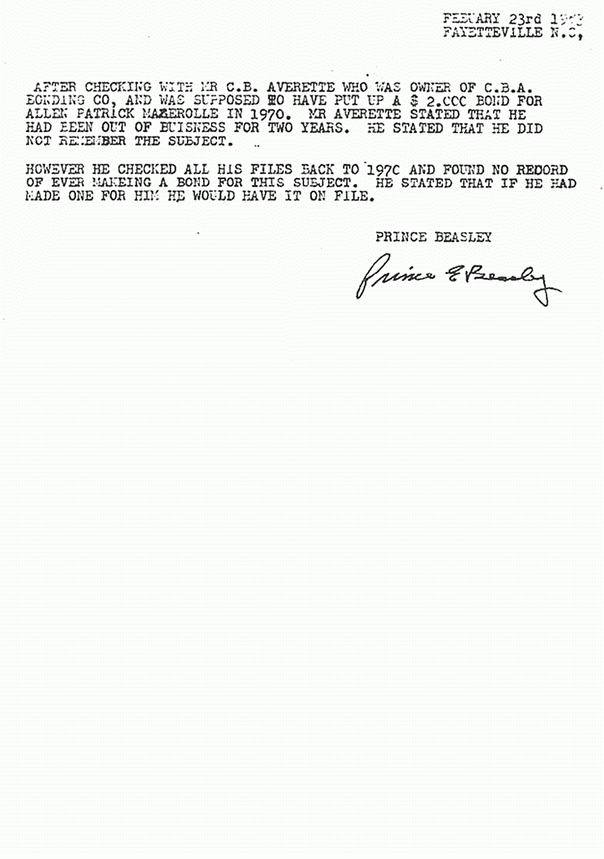 February 23, 1983: Memo from P. E. Beasley re: Allen Mazerolle's bond