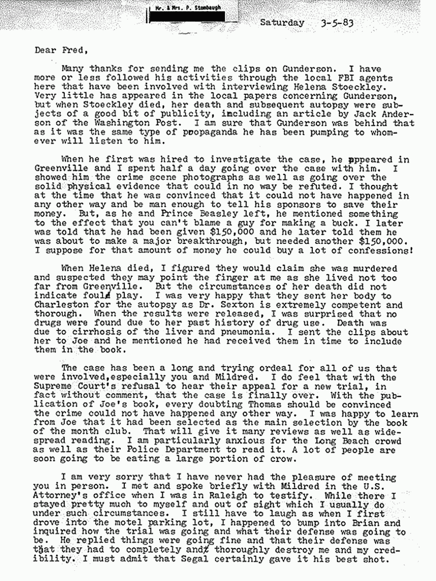 March 5, 1983: Letter from Paul Stombaugh to Freddy Kassab re: Ted Gunderson, Helena Stoeckley and the MacDonald murder case, p. 1 of 2