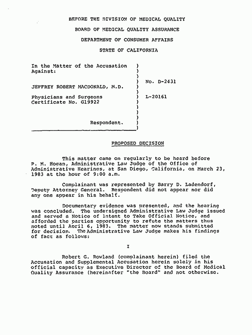 April 12, 1983: Proposed Decision re: Revocation of Jeffrey MacDonald's California medical license, p. 1 of 3