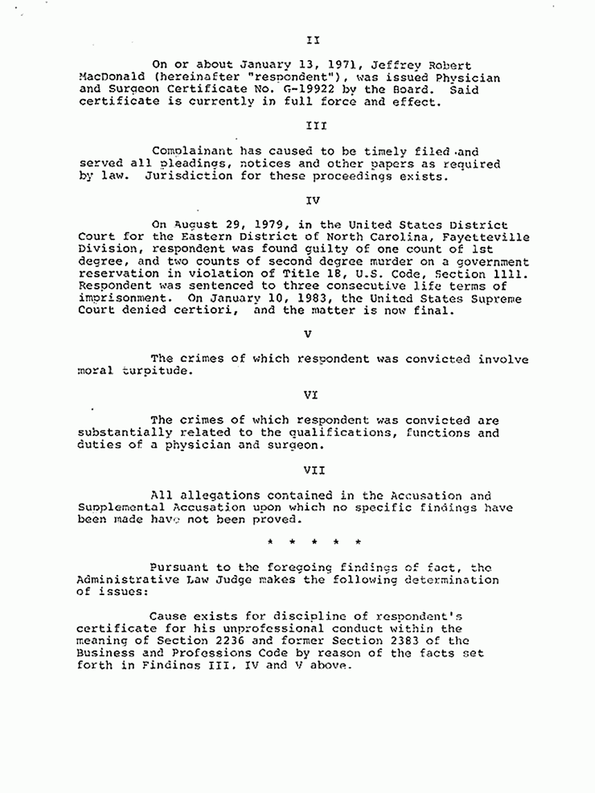 April 12, 1983: Proposed Decision re: Revocation of Jeffrey MacDonald's California medical license, p. 2 of 3