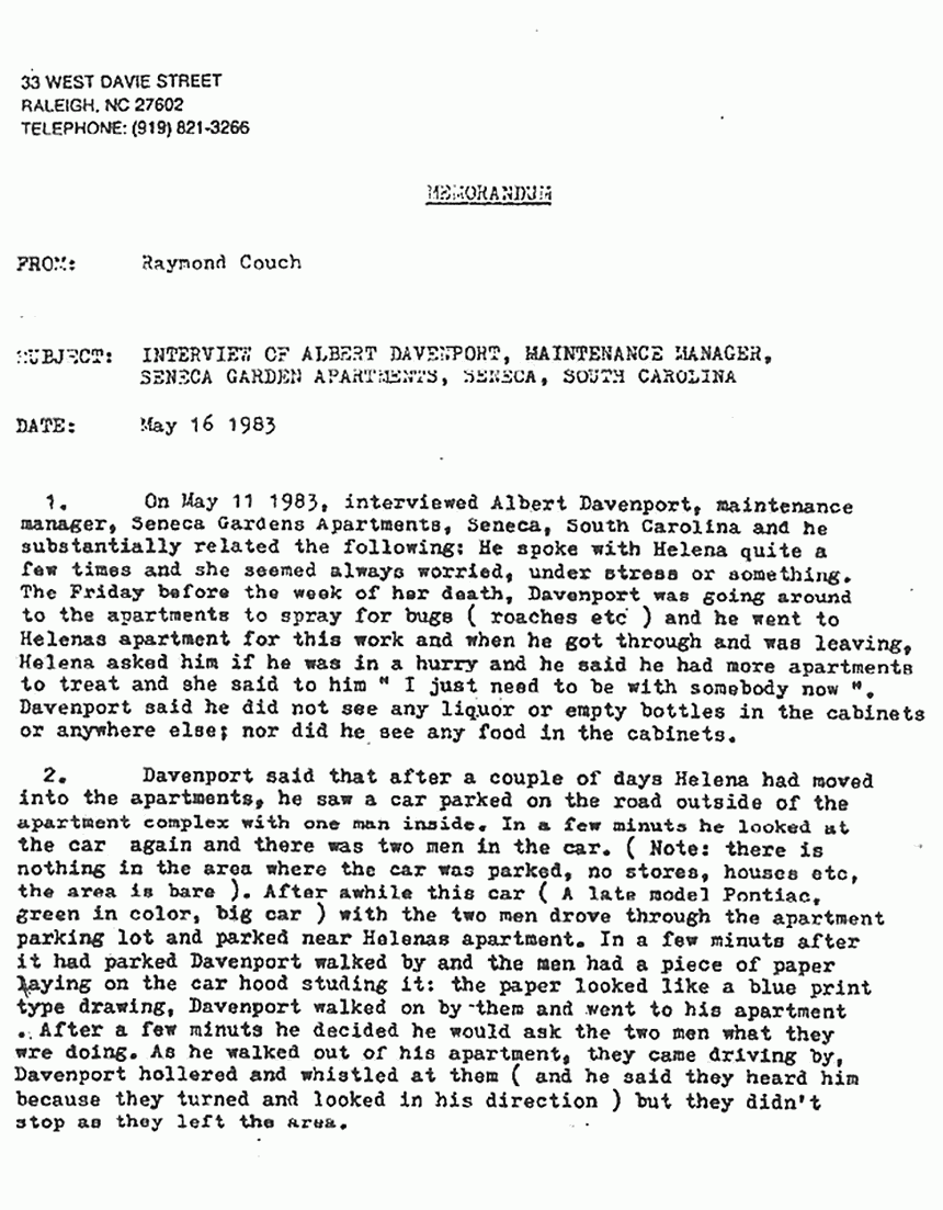 May 16, 1983: Memo from Raymond Couch re: Interview with Albert Davenport, p. 1 of 2