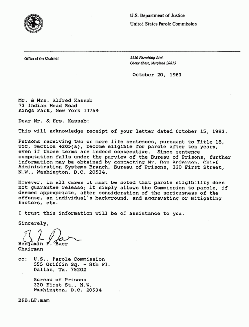 October 20, 1983: Letter from U. S. Parole Commission to Freddy and Mildred Kassab re: Jeffrey MacDonald's eligibility for parole