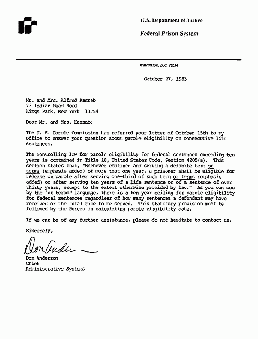 October 27, 1983: Letter from Federal Prison System to Freddy and Mildred Kassab re: Jeffrey MacDonald's eligibility for parole