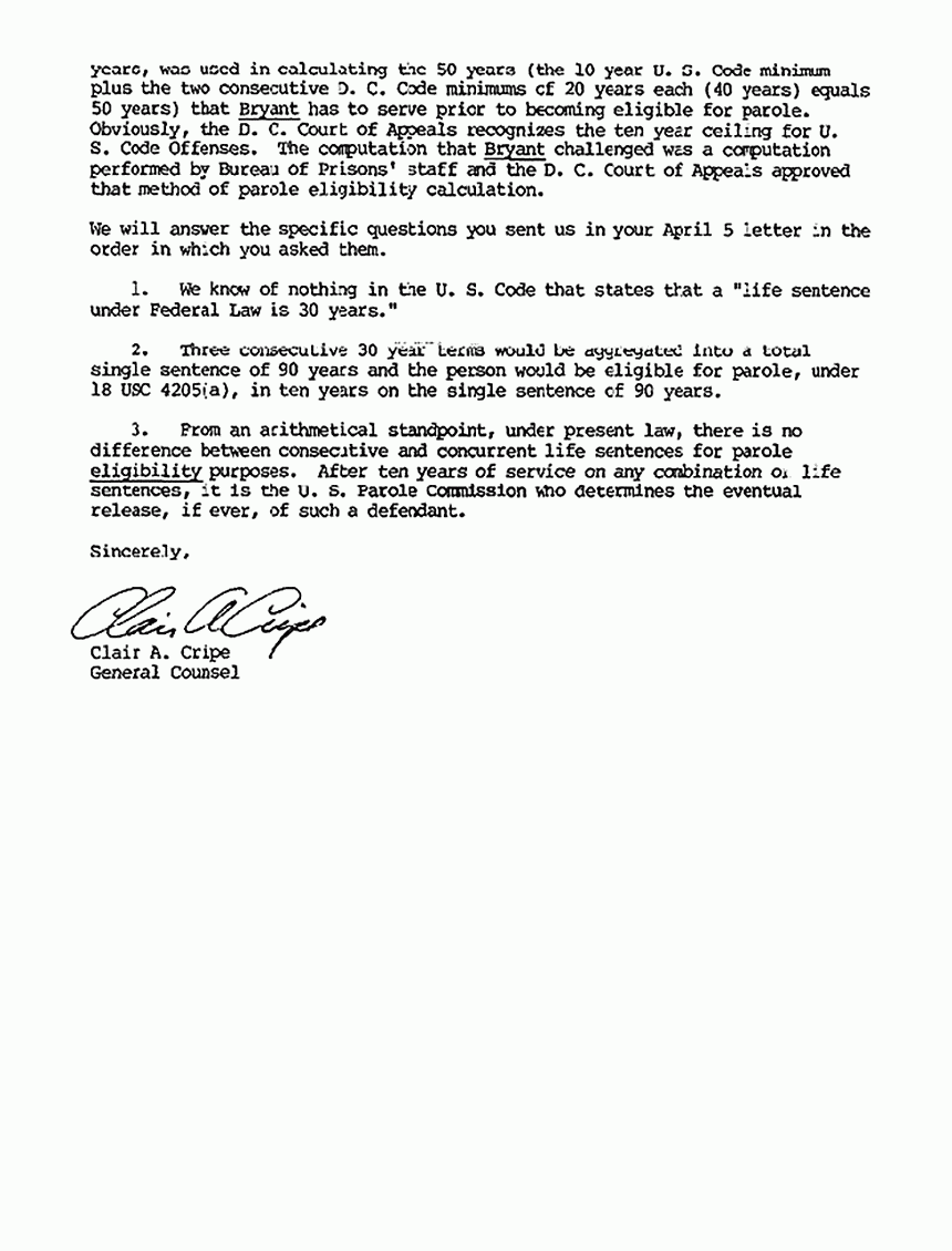 April 17, 1984: Letter from Federal Prison System to Freddy and Mildred Kassab re: Jeffrey MacDonald's eligibility for parole, p. 2 of 2