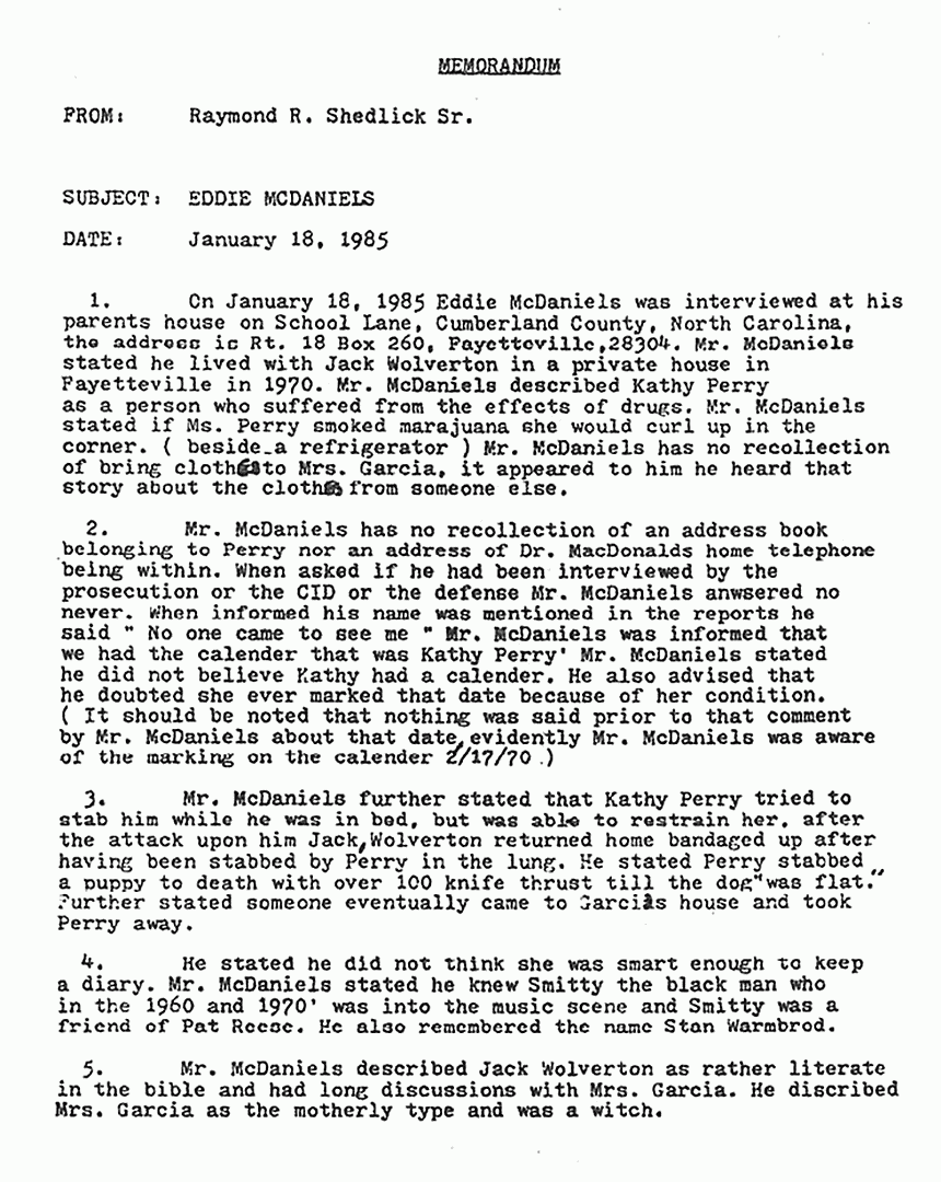 January 18, 1985: Memo from Ray Shedlick re: Interview of Eddie McDaniels, p. 1 of 2