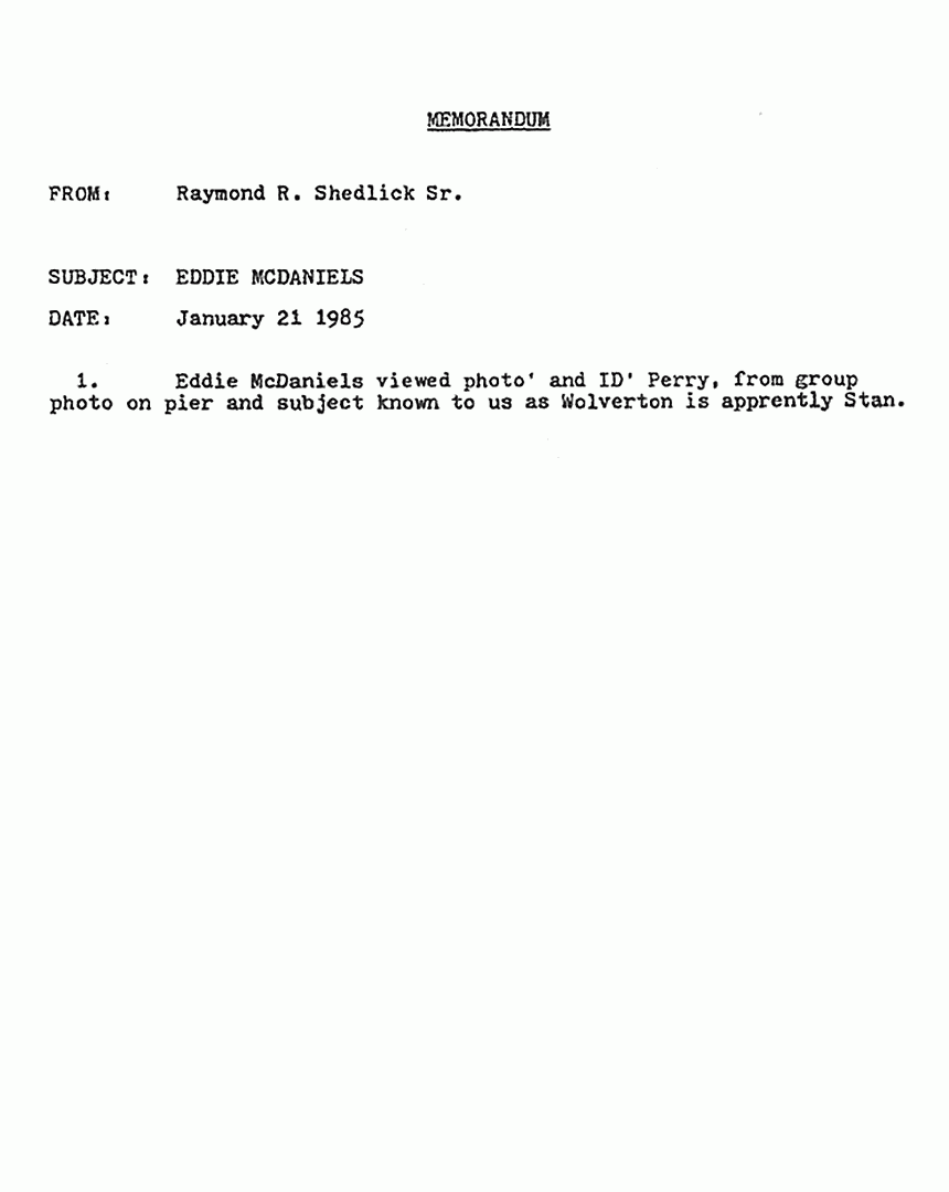 January 18, 1985: Memo from Ray Shedlick re: Interview of Eddie McDaniels, p. 2 of 2
