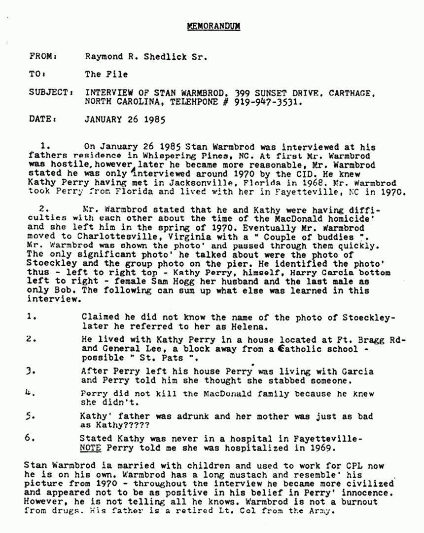 January 26, 1985: Memo from Ray Shedlick re: Interview of Stan Warmbrod