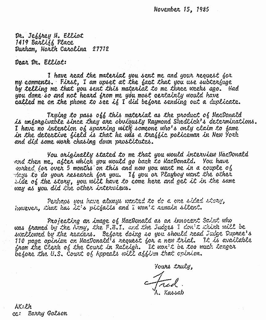 November 15, 1985: Letter from Freddy Kassab to Jeffrey Elliot