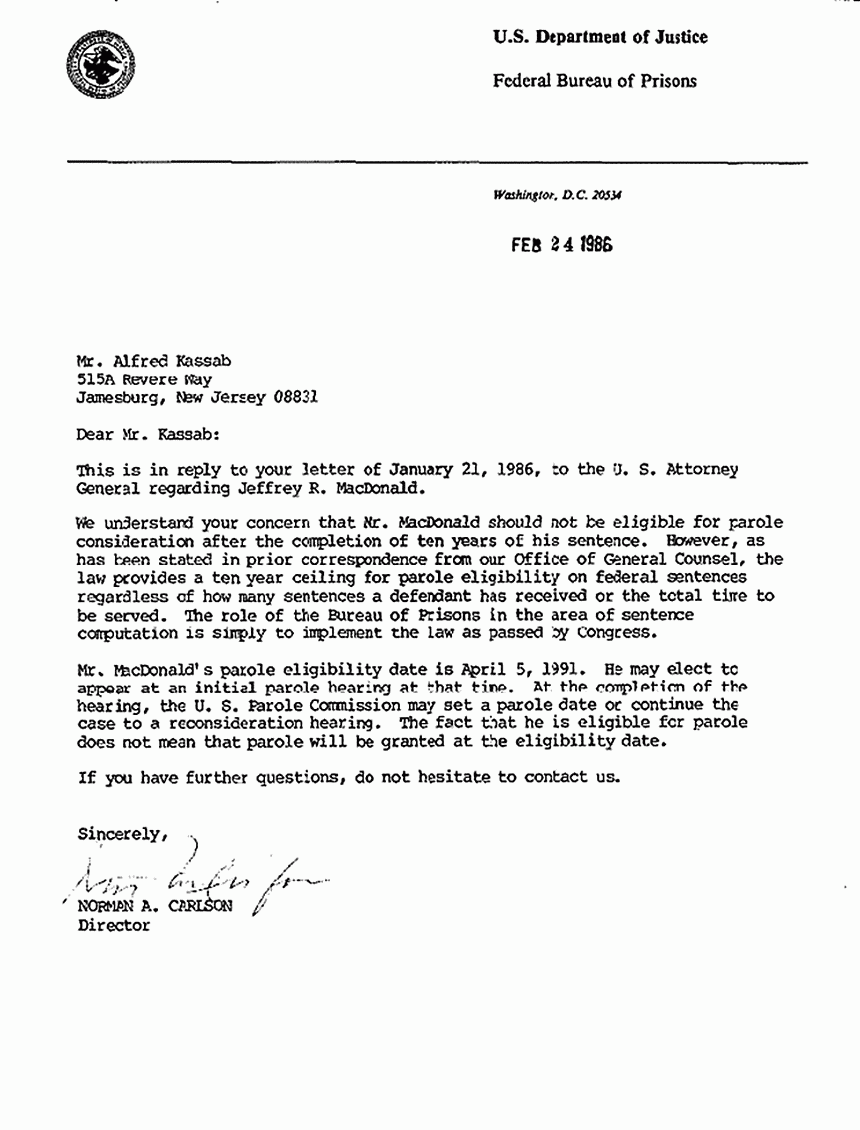 February 24, 1986: Letter from Federal Bureau of Prisons to Freddy Kassab re: Jeffrey MacDonald's eligibility for parole