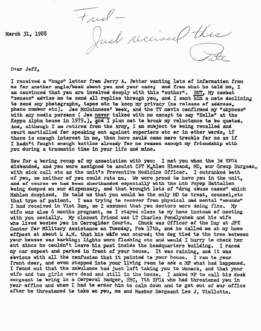 March 31, 1988: Letter from James Williams to Jeffrey MacDonald, p. 1 of 5