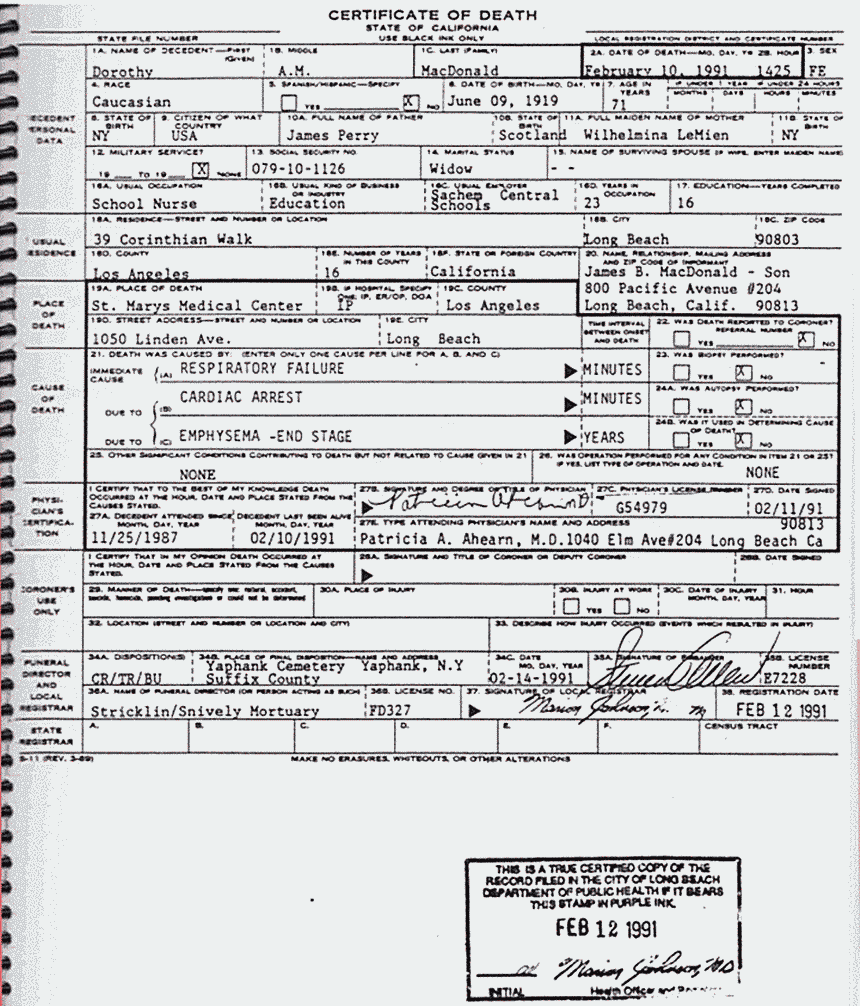 February 10, 1991: Death Certificate of Dorothy MacDonald, issued Feb. 12, 1991