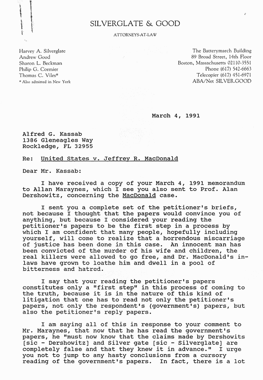 March 4, 1991: Letter from Harvey Silverglate to Alfred Kassab, p. 1 of 2
