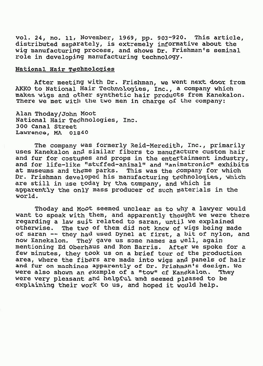 Nov. 20, 1992: Partial memo re: Interview with Dr. Frishman about saran and wigs, p. 3 of 3