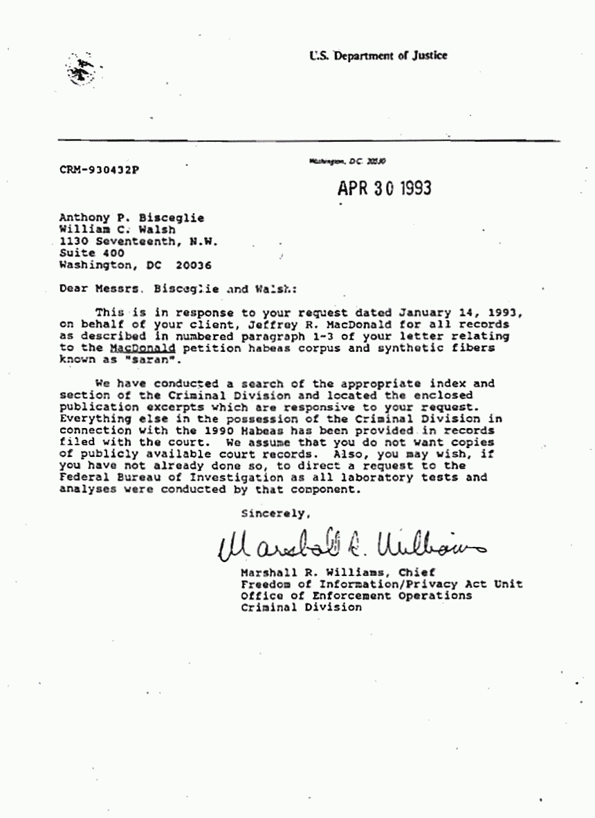 April 30, 1993: Letter from Marshall Williams (FOIA) to Anthony Bisceglie and William Walsh re: FOIA request