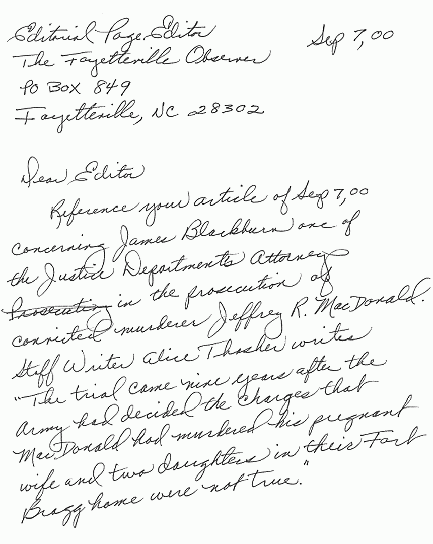 September 7, 2000: Letter from Peter Kearns to the Fayetteville Observer Editorial Page Editor, re: James Blackburn and Jeffrey MacDonald, p. 1 of 3