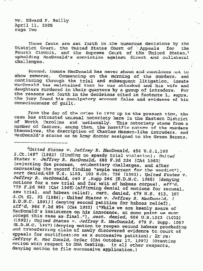 April 11, 2005: Letter from Dept. of Justice to U. S. Parole Commission re: Jeffrey MacDonald's Application for Parole, p. 2 of 6