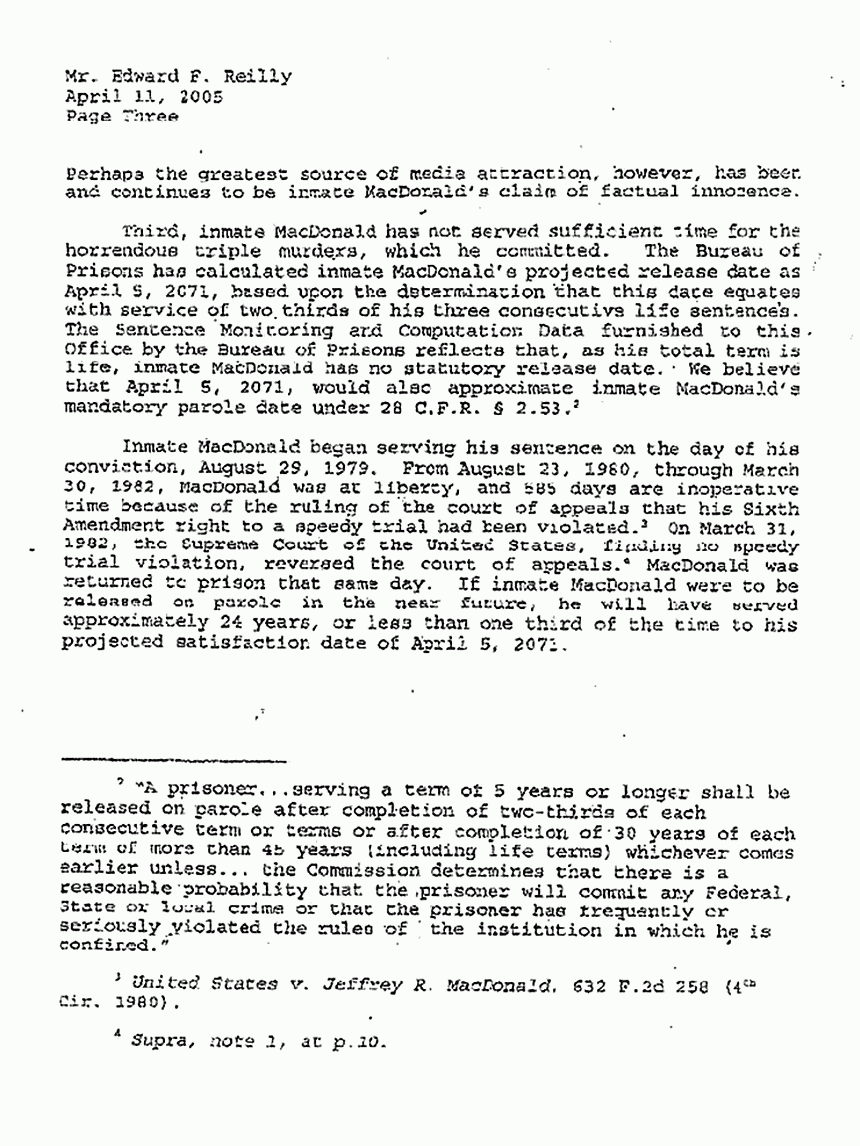 April 11, 2005: Letter from Dept. of Justice to U. S. Parole Commission re: Jeffrey MacDonald's Application for Parole, p. 3 of 6