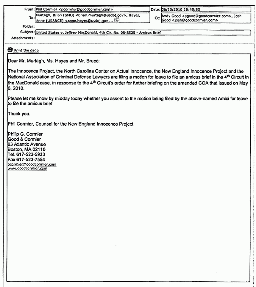 June 15, 2010: E-mail from Philip Cormier to Brian Murtagh, Anne Hayes and John Stuart Bruce re: Filing of amicus brief in response to 4th Circuit's order issued May 6, 2010