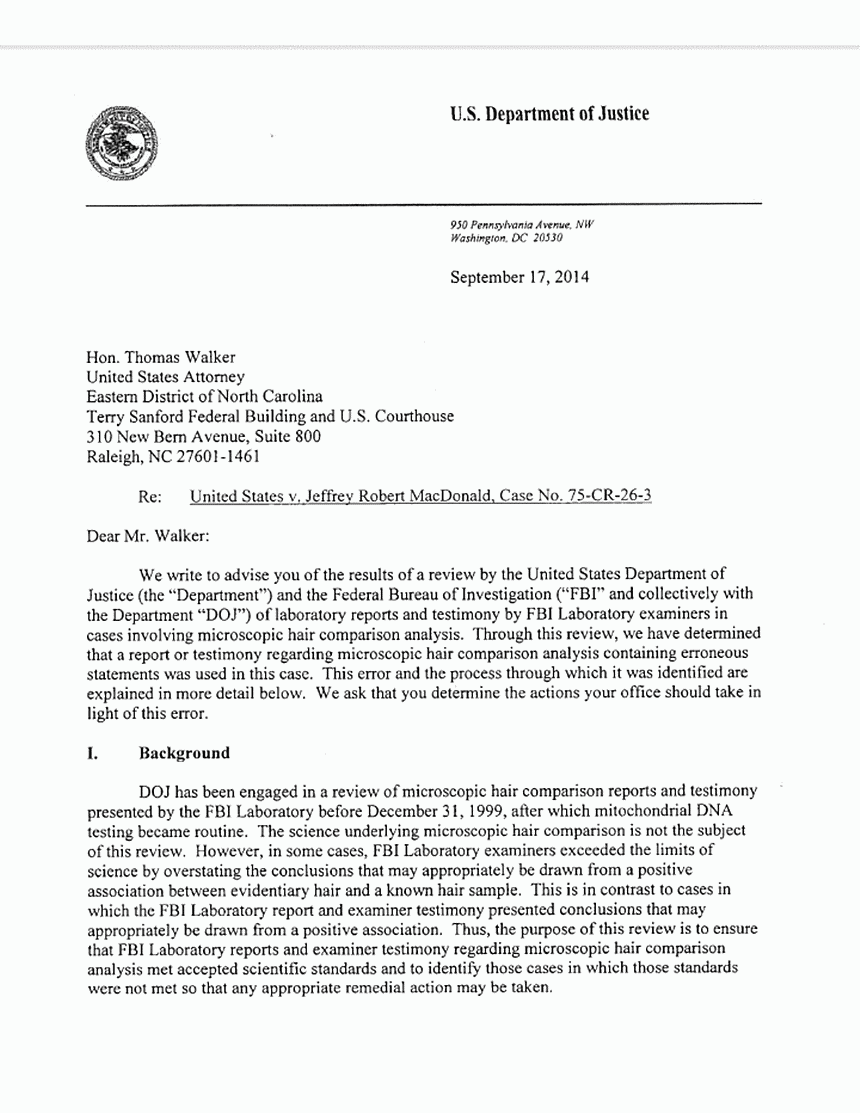 September 17, 2014: Letter from Norman Wong (Special Counsel, U.S. Department of Justice) to Thomas Walker (U.S. Attorney, Eastern District of North Carolina) re: FBI examinations in the Jeffrey MacDonald case, p. 1 of 3