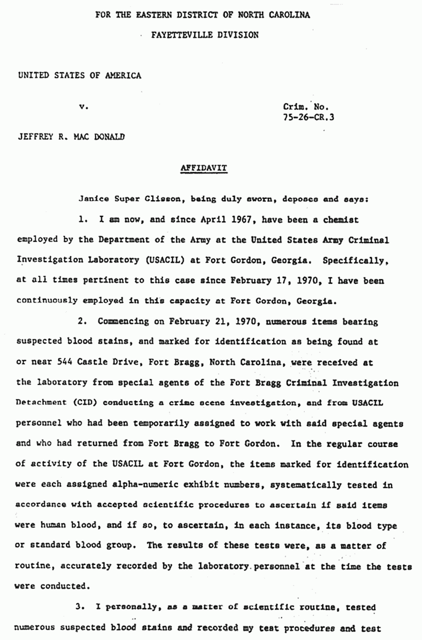 December 10, 1975: Affidavit of Janice Glisson (CID) p. 1 of 2