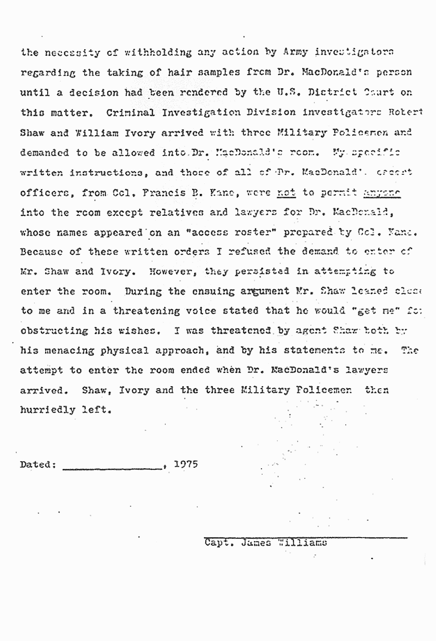 1975: Unsigned Affidavit of Cpt. James Williams in Support of Motion by Jeffrey MacDonald to Supress Evidence Obtained as a Result of Unlawful Search and Seizure and to Dismiss the Indictment, p. 3 of 3