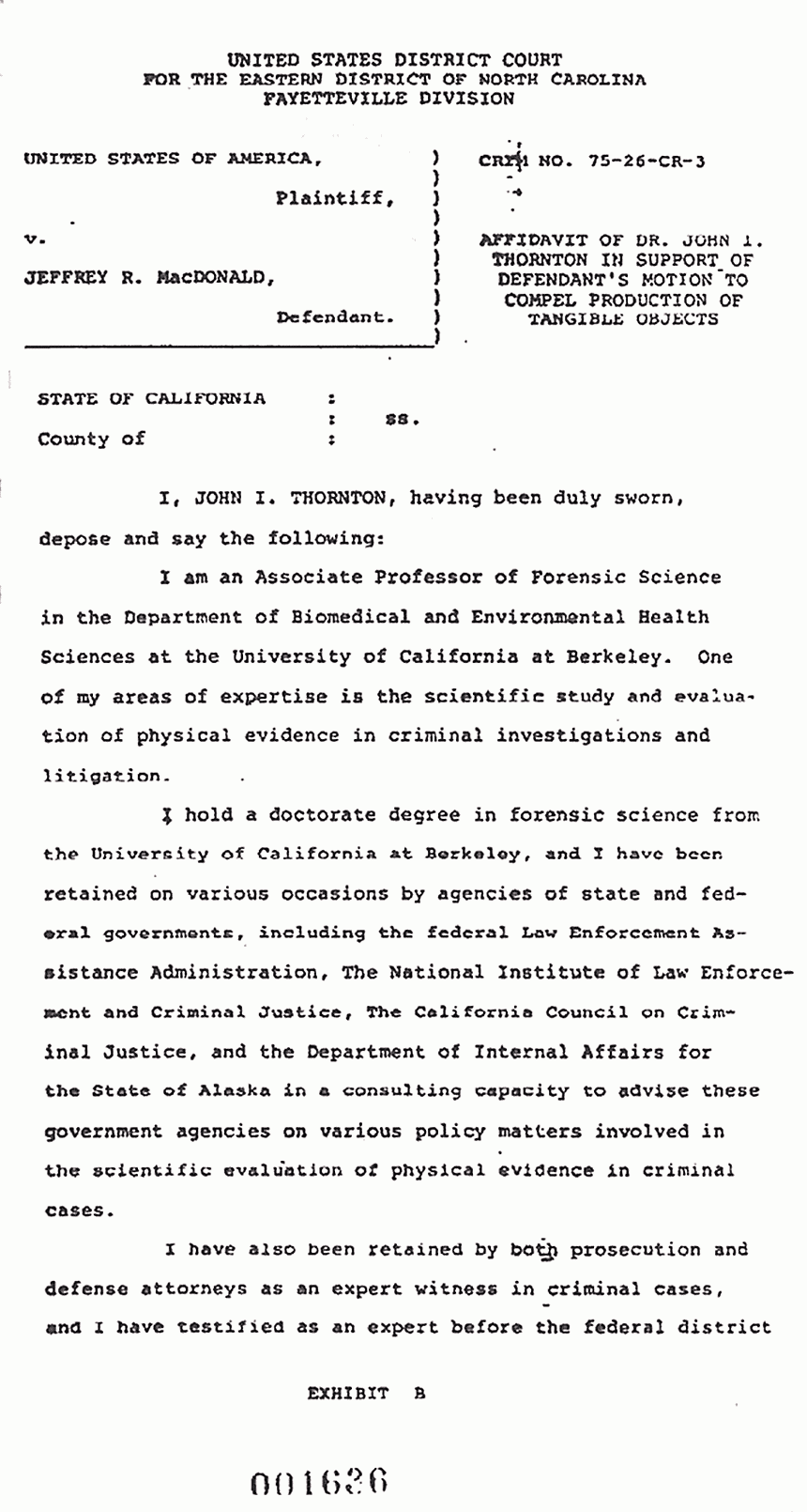 March 26, 1979: Affidavit of Dr. John Thornton in Support of Defendant's Motion to Compel production of Tangible Objects, p. 1 of 5