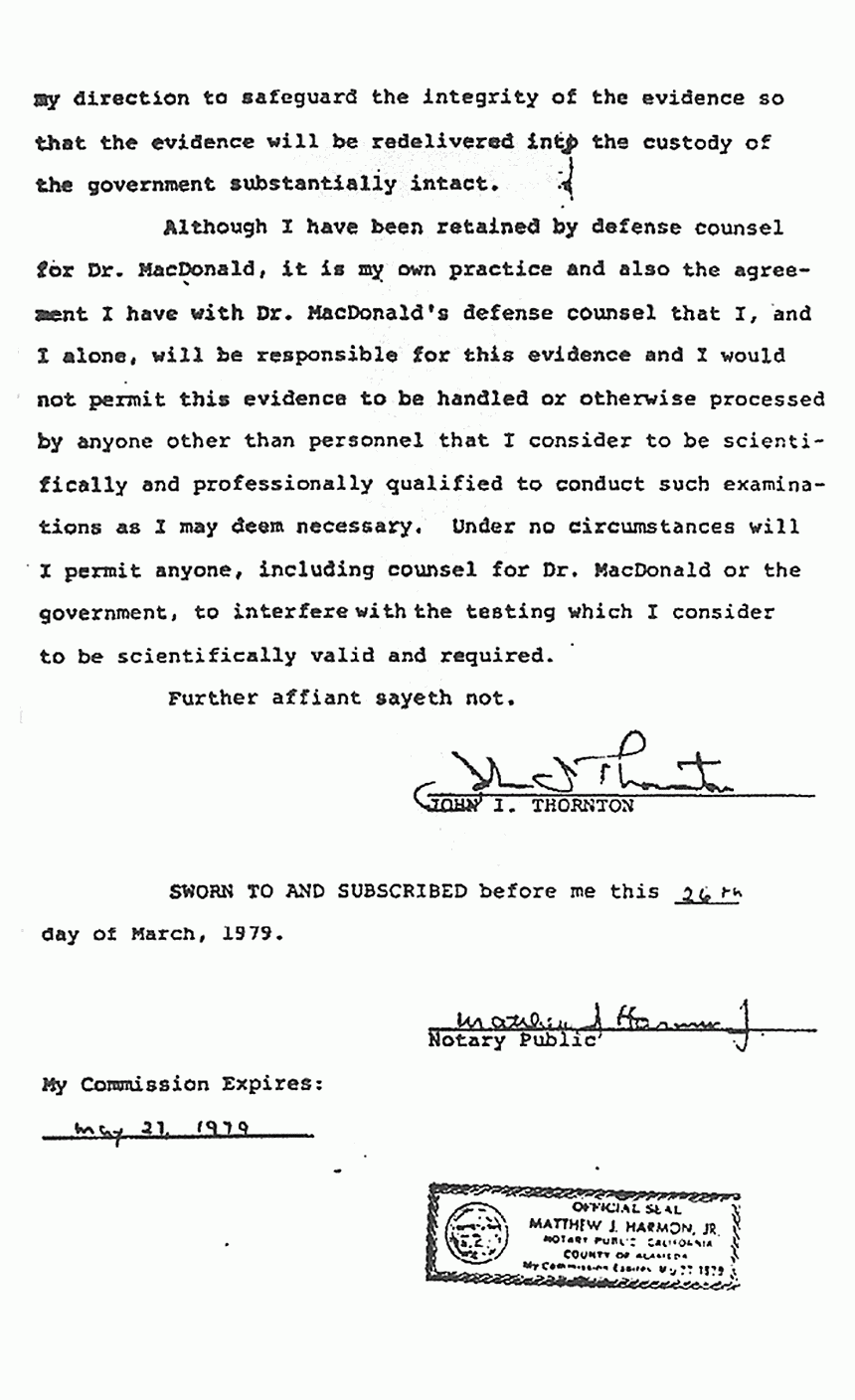 March 26, 1979: Affidavit of Dr. John Thornton in Support of Defendant's Motion to Compel production of Tangible Objects, p. 5 of 5