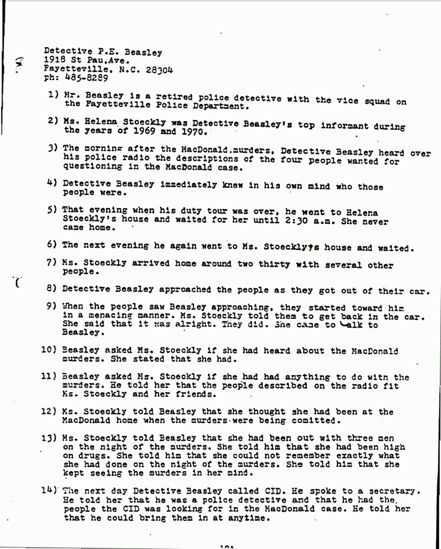 January 15, 1980: Report by John Myers re: statements of Prince Beasley, p. 1 of 2