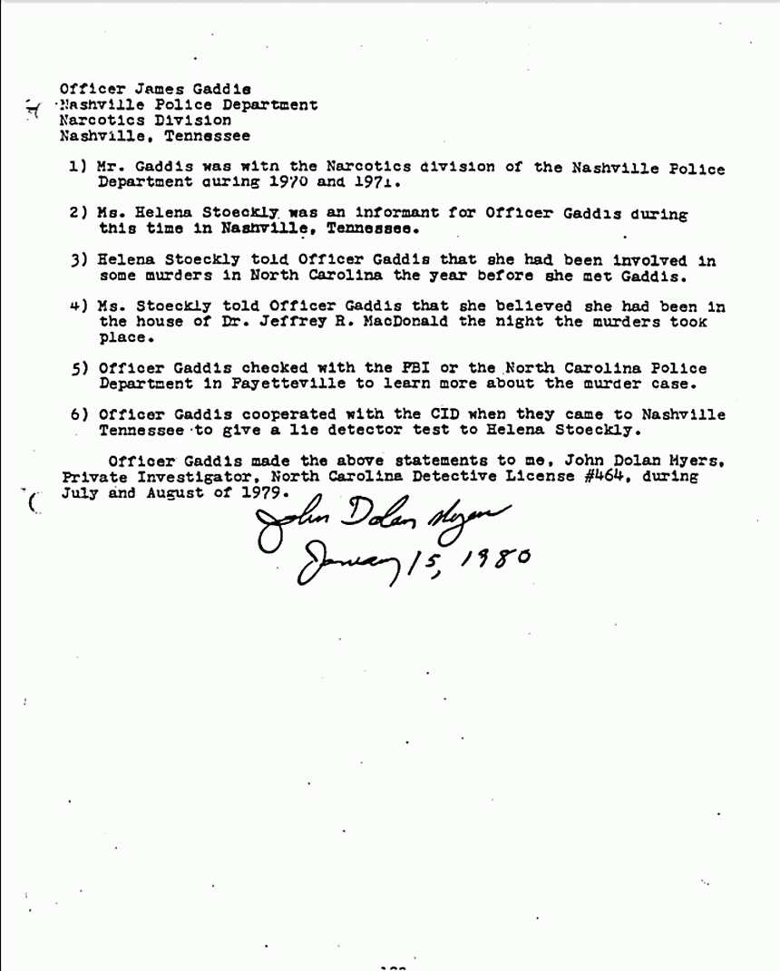 January 15, 1980: Report by John Myers re: statements of James Gaddis