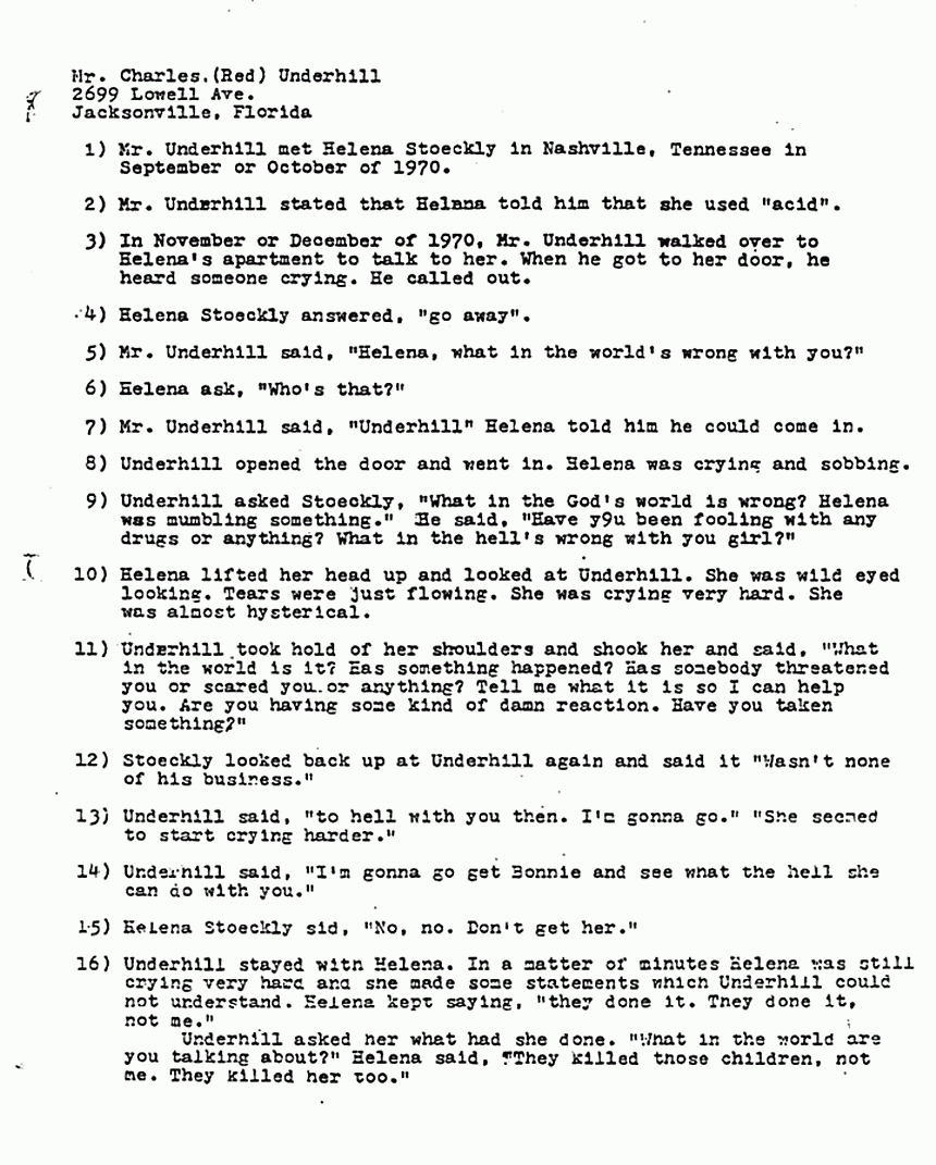 January 15, 1980: Report by John Myers re: statements of Charles 'Red' Underhill, p. 1 of 2
