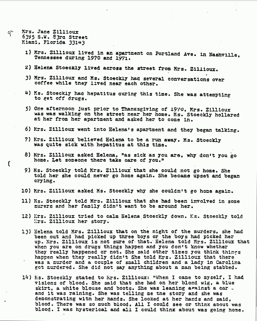 January 15, 1980: Report by John Myers re: statements of Jane Zillioux, p. 1 of 2
