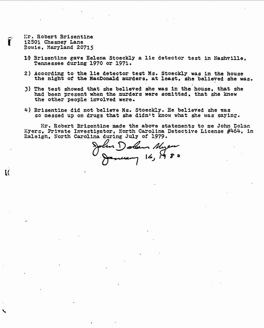 January 16, 1980: Report by John Myers re: statements of Robert Brisentine