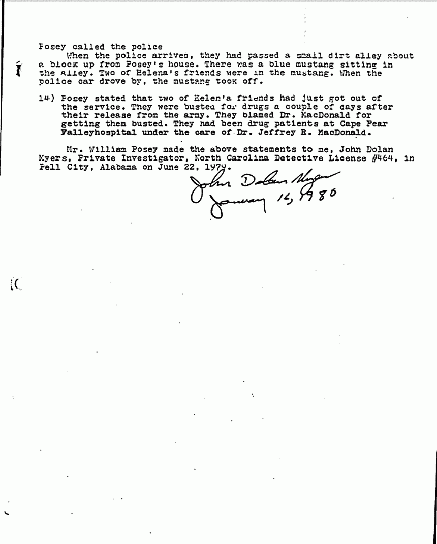 January 16, 1980: Report by John Myers re: statements of William Edward Posey, p. 2 of 2