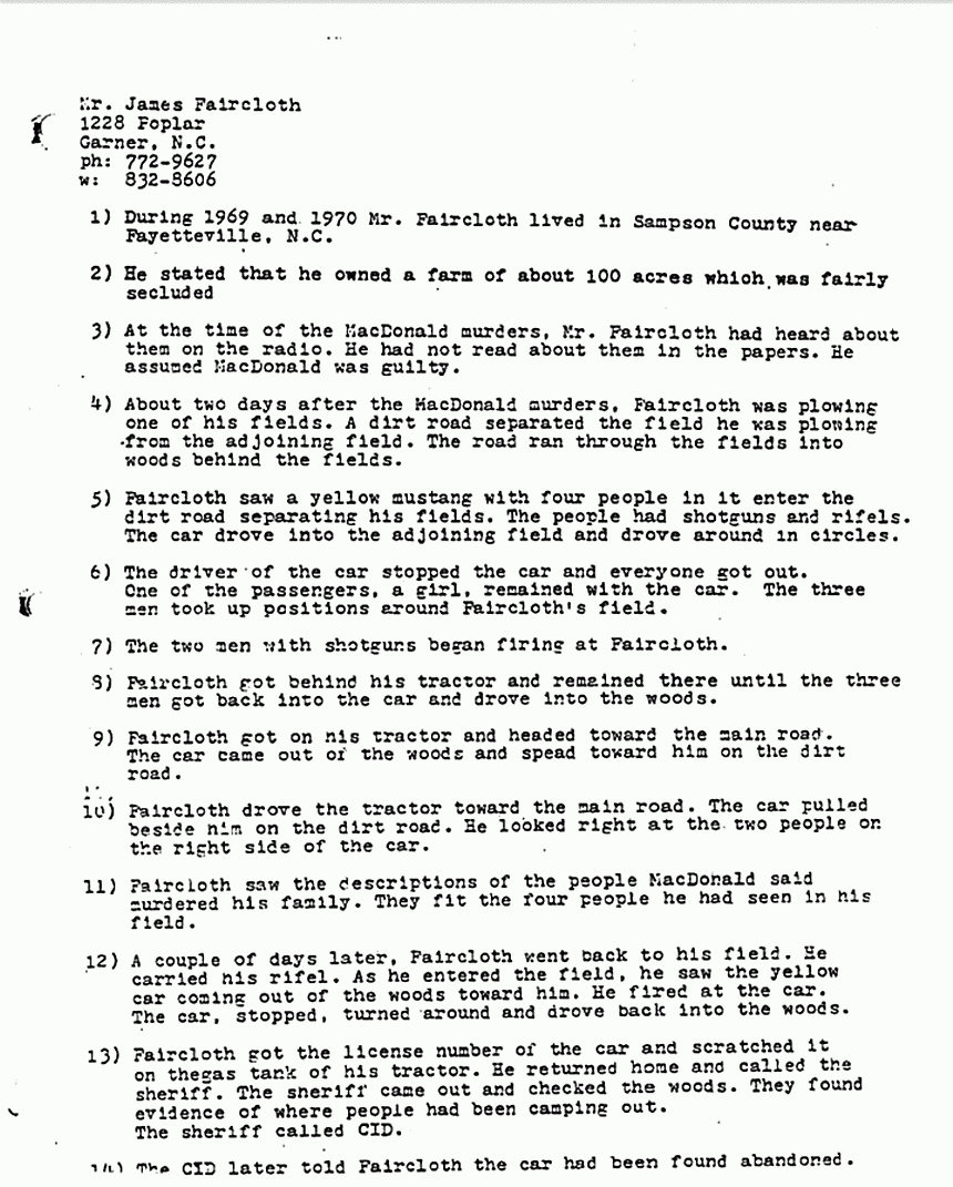 January 21, 1980: Report by John Myers re: statements of James Faircloth, p. 1 of 2