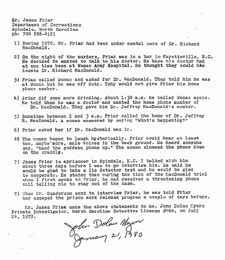 January 21, 1980: Report by John Myers re: statements of James Earl Friar