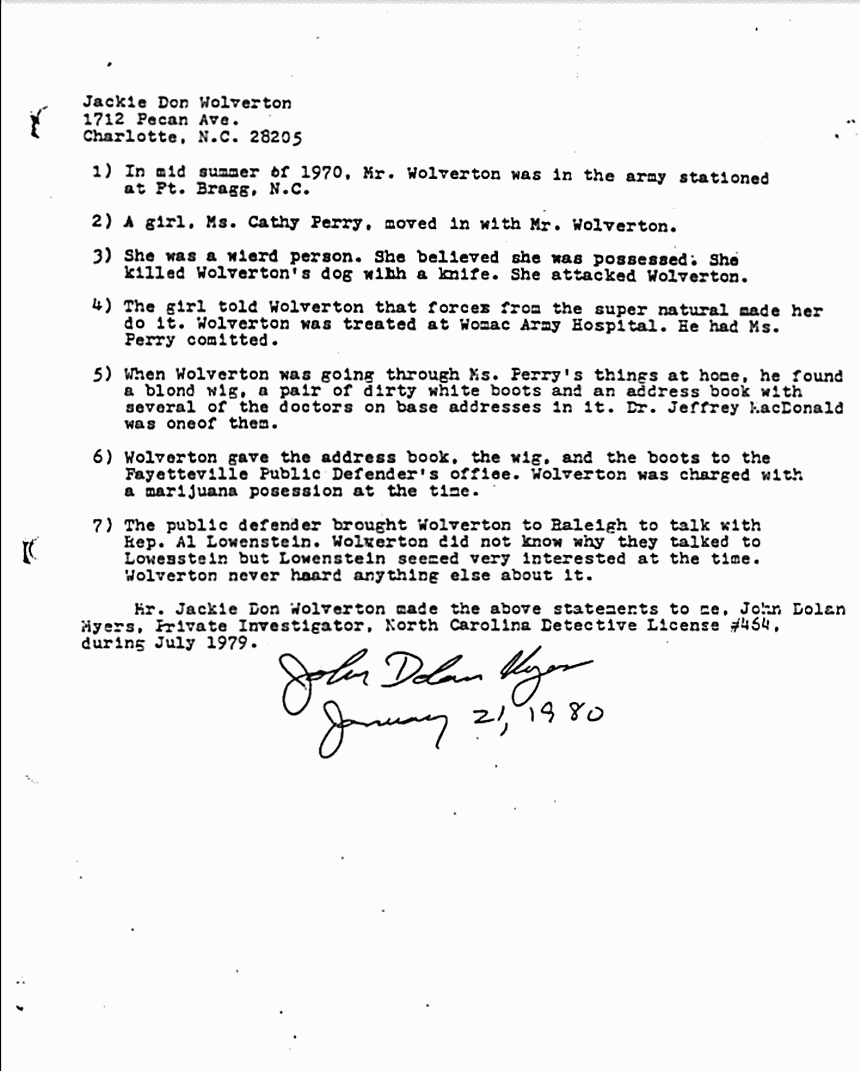 January 21, 1980: Report by John Myers re: statements of Jackie Don Wolverton