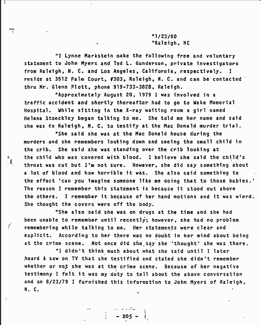 January 23, 1980: Statement of Lynne Markstein to John Myers and Ted Gunderson, p. 1 of 2