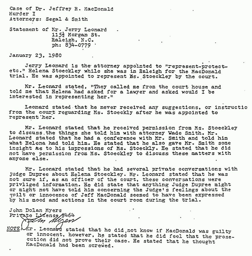 January 23, 1980: Report by John Myers re: statements of Jerry Leonard (attorney for Helena Stoeckley)