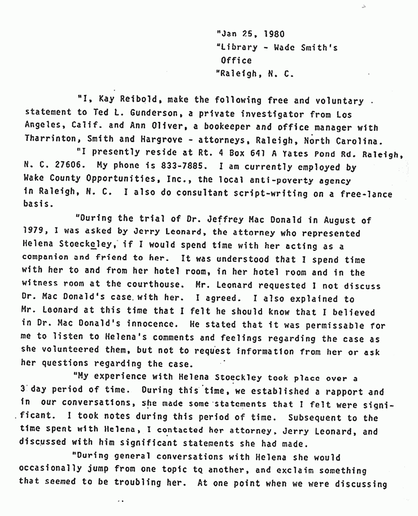 January 25, 1980: Statement of Kay Reibold to Ted Gunderson re: Helena Stoeckley, p. 1 of 3