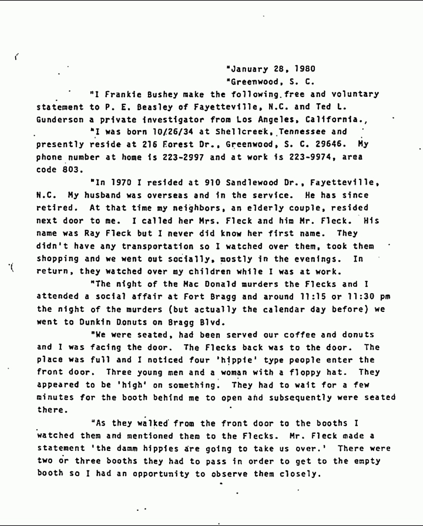 January 28, 1980: Statement of Frankie Bushey to P. E. Beasley and Ted Gunderson, p. 1 of 5