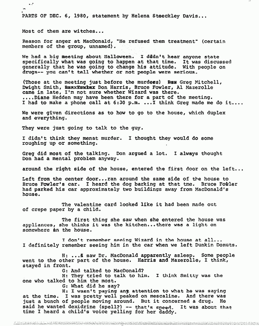 December 6, 1980: Excerpts from statement of Helena Stoeckley, p. 1 of 3