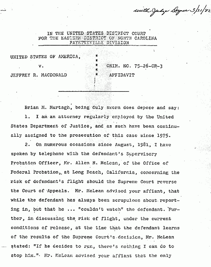 February 26, 1982: Affidavit of Brian Murtagh re: Revoking Jeffrey MacDonald's Bail, p. 1 of 4
