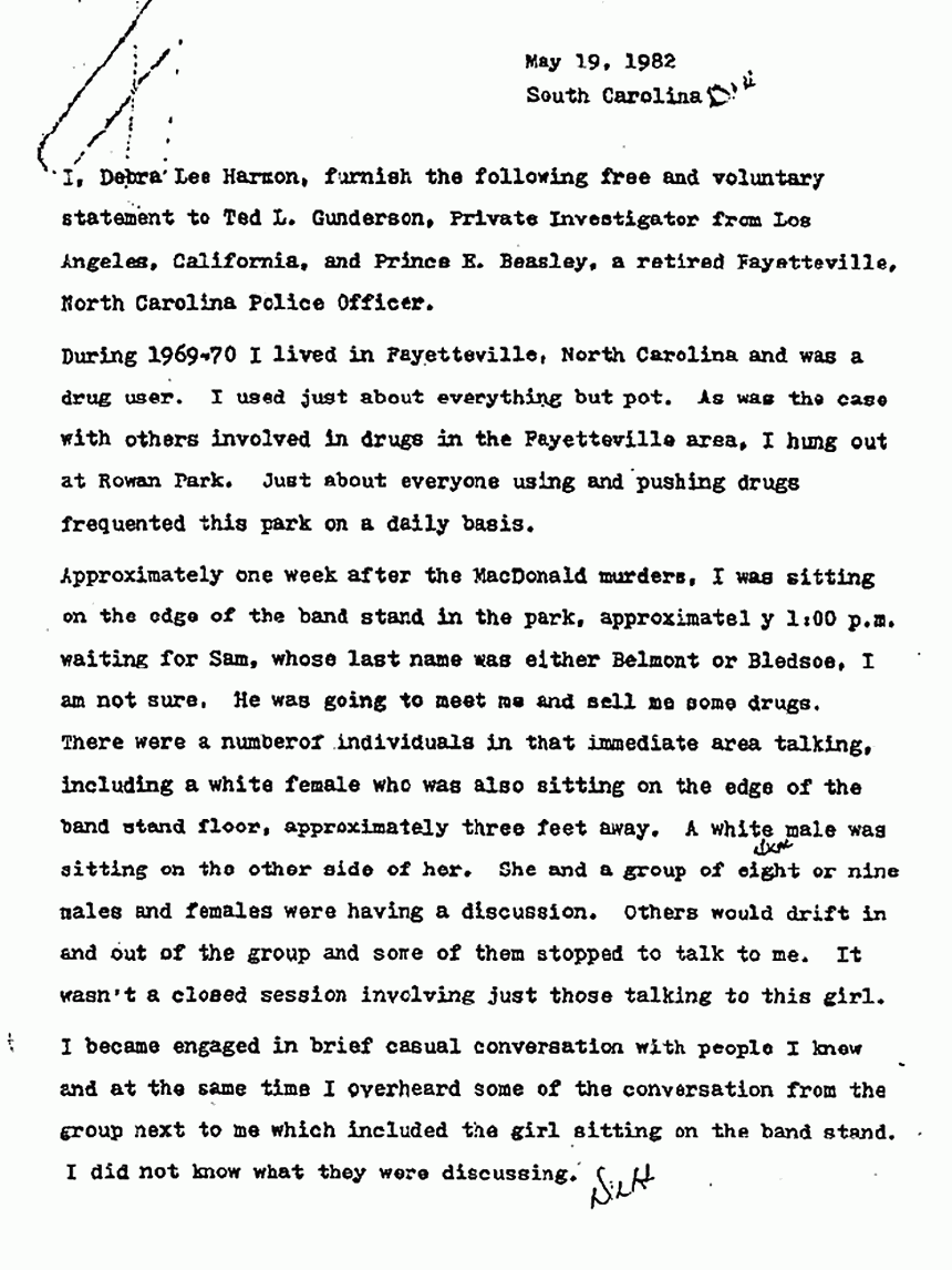 May 19, 1982: Statement of Debra Lee Harmon to Ted Gunderson and P. E. Beasley, p. 1 of 8